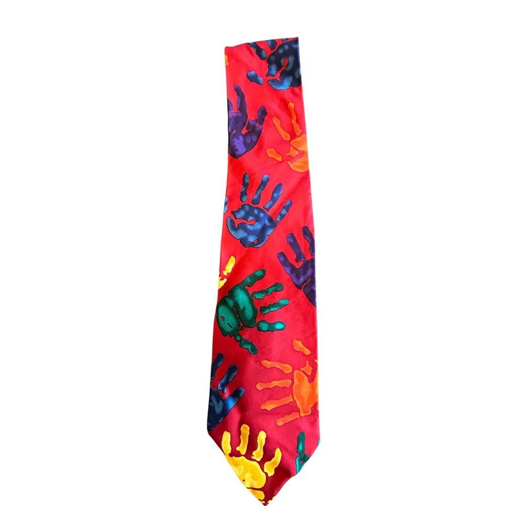 Save the Children Silk Tie Red Handprint Lend a Hand Beth Age 11 Artistic Mens